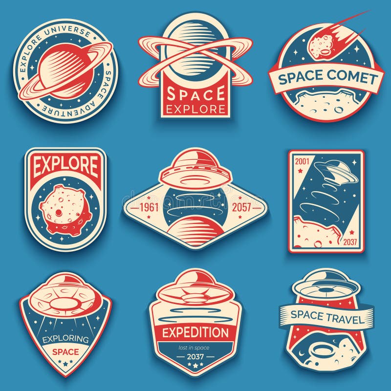Espacio colorido, etiquetas del UFO y del planeta, logotipos, insignias, emblemas Explore la misión en espacio