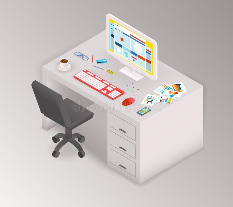 Espacio de trabajo isométrico de la oficina creativa ilustración del vector Espacio de trabajo isométrico de la oficina creativa ilustración del vector