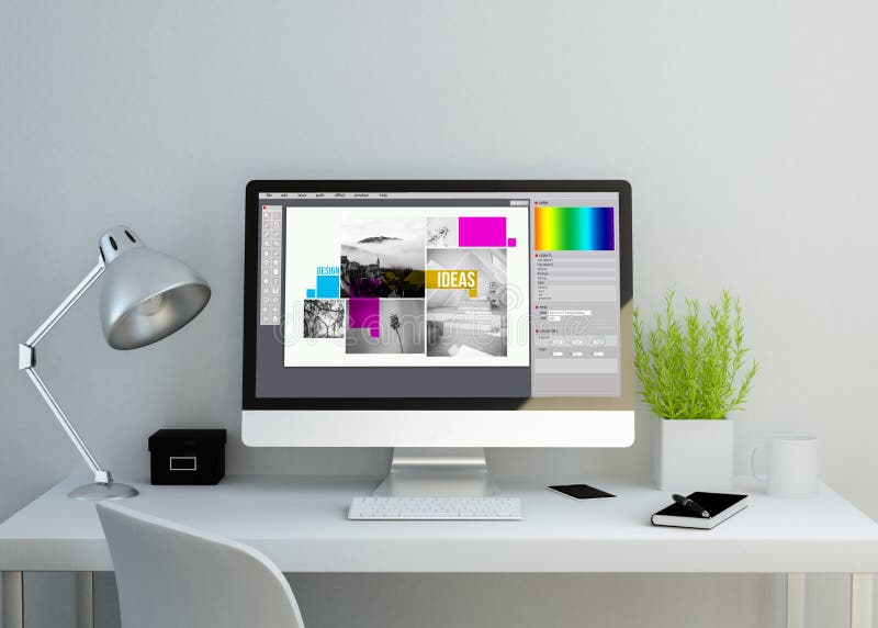 modern clean workspace mockup with graphic design software on screen. 3D rendering. all screen graphics are made up. modern clean workspace mockup with graphic design software on screen. 3D rendering. all screen graphics are made up.