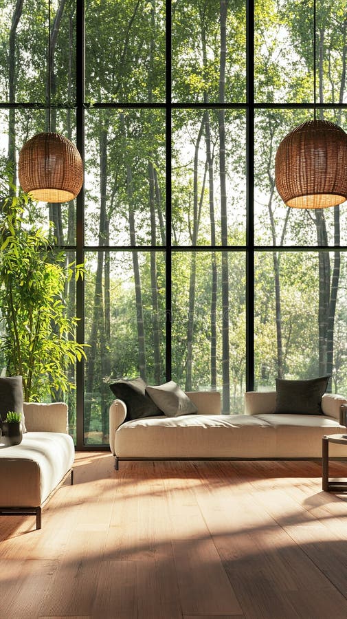 Espacio de vida en japón con techos floortodoxos una planta de bambú y muebles limpios libre illustration