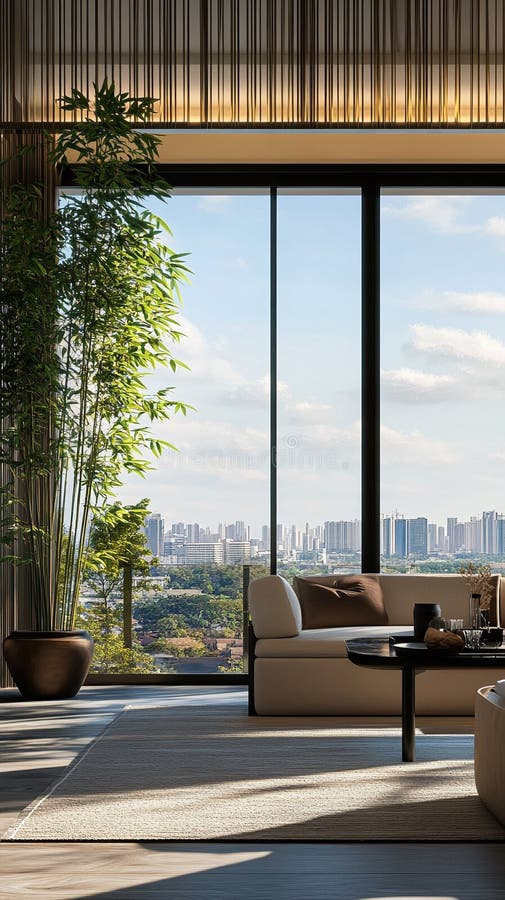 Espacio de vida en japón con techos floortodoxos una planta de bambú y muebles limpios stock de ilustración