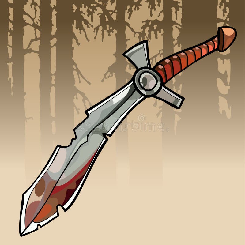 Espada ensanguentado da curva irregular dos desenhos animados em uma floresta ilustração stock Espada ensanguentado da curva irregular dos desenhos animados em uma floresta ilustração stock