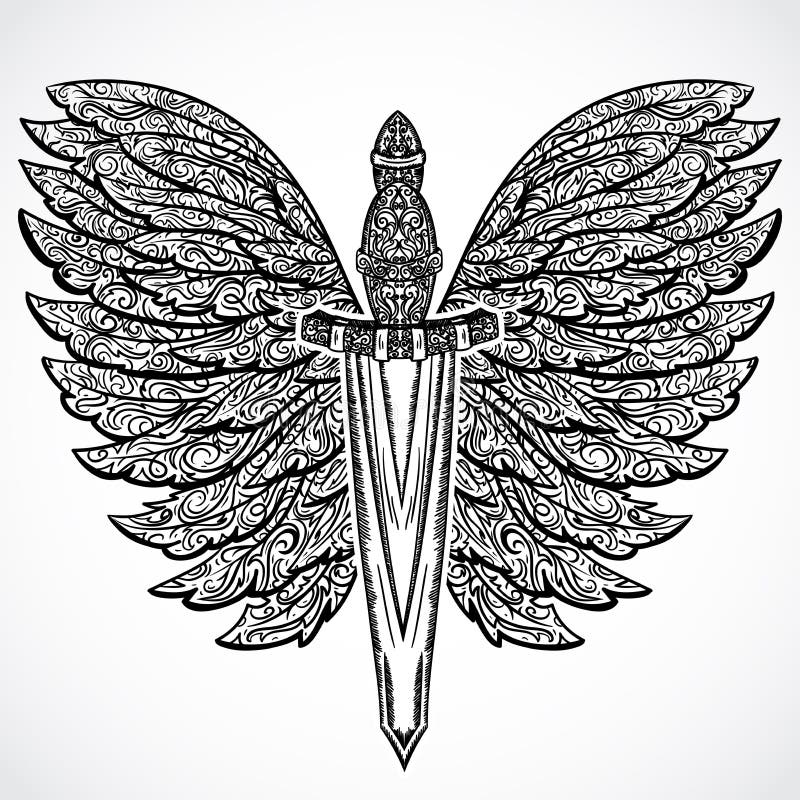 espada medieval y alas adornadas Ejemplo dibujado mano altamente detallada floral del vintage elementos Adorno victoriano ilustración del vector espada medieval y alas adornadas Ejemplo dibujado mano altamente detallada floral del vintage elementos Adorno victoriano ilustración del vector