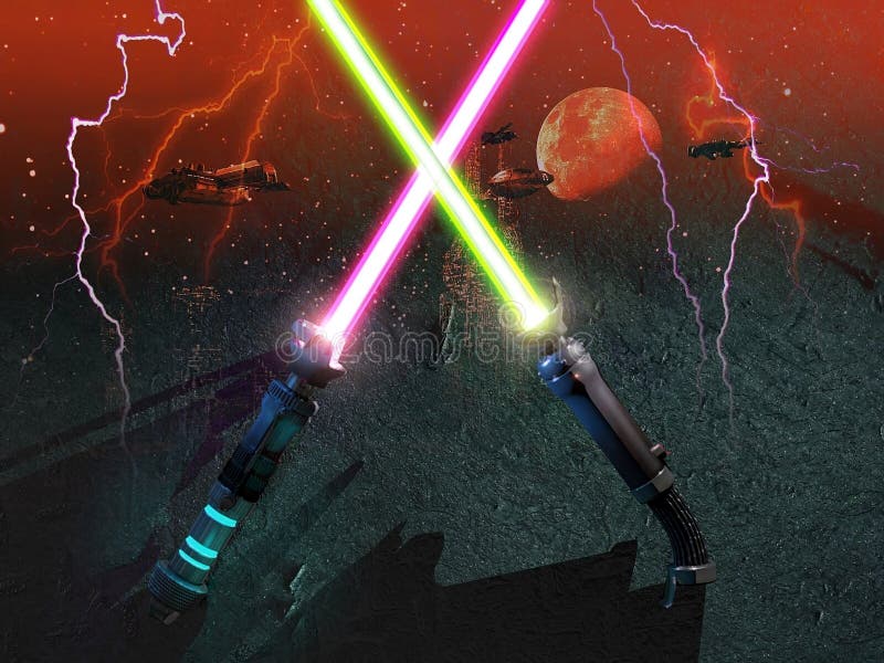 Crossed laser swords symbolizing a confrontation, on a futuristic background with spaceships and lightnings. Crossed laser swords symbolizing a confrontation, on a futuristic background with spaceships and lightnings.