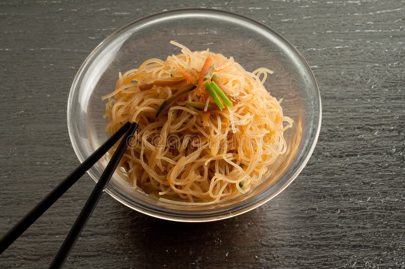 Soy spaghetti with chopsticks on glass bowl. Soy spaghetti with chopsticks on glass bowl