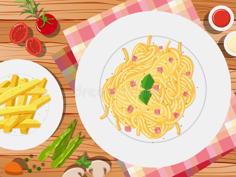Espaguetis y patatas fritas en la tabla stock de ilustración Espaguetis y patatas fritas en la tabla stock de ilustración
