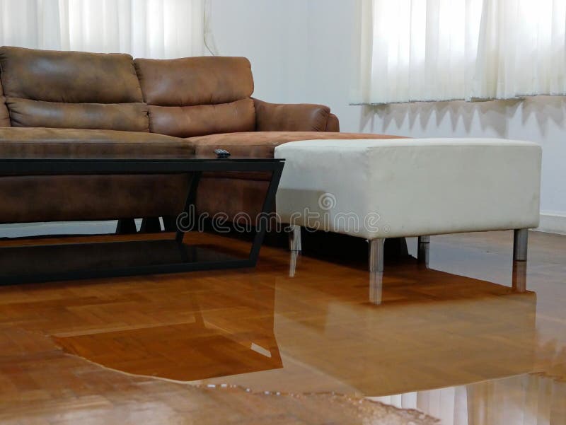 Espalhamento/inundação de água no chão do parquet da sala de estar em uma casa - danos causados por vazamento de água imagem de stock Espalhamento/inundação de água no chão do parquet da sala de estar em uma casa - danos causados por vazamento de água imagem de stock