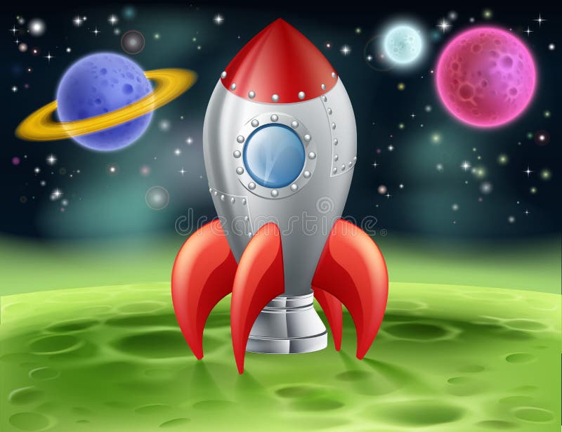 An illustration of a cartoon space rocket on an alien planet or moon. An illustration of a cartoon space rocket on an alien planet or moon