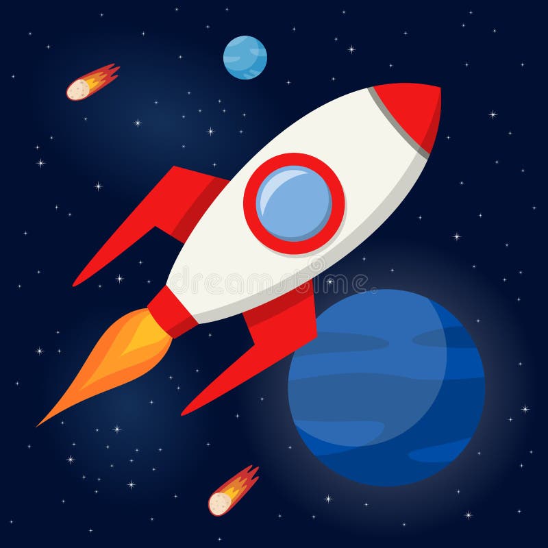 A cartoon rocket flying in the outer space with comets and planets on a dark blue space background with bright stars. Eps file available. A cartoon rocket flying in the outer space with comets and planets on a dark blue space background with bright stars. Eps file available.