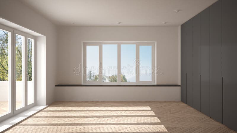 Espaço vazio moderno com as janelas panorâmicos grandes e o assoalho de madeira, design de interiores branco minimalista da arqui