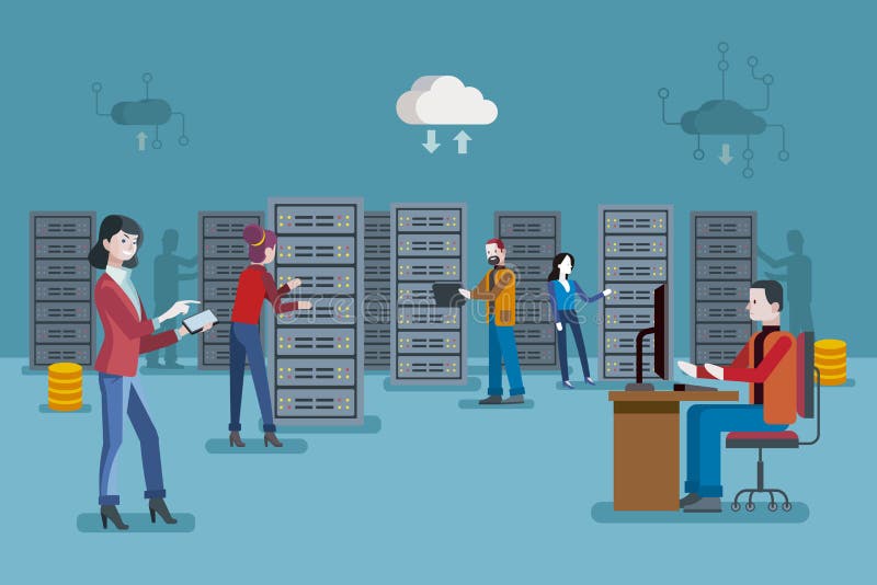 Especialista de sexo femenino de las TIC en datacenter stock de ilustración Especialista de sexo femenino de las TIC en datacenter stock de ilustración