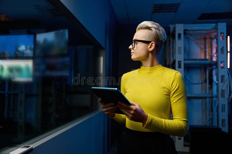 Especialista femenino en TI de pie con tableta mirando a través de vidrio de la sala de servidores foto de archivo libre de regalías