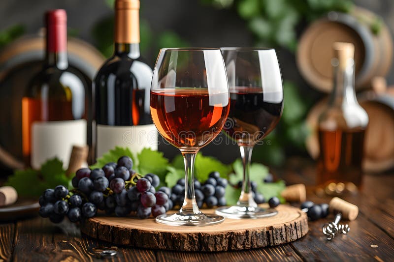 Esperienza di degustazione vinicola con bicchieri da vino rosso e bianco e uva da vigneto-uve generative immagine stock