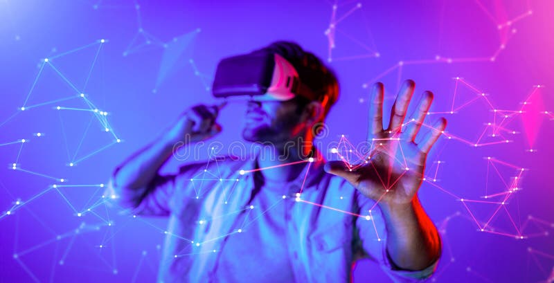 Smart man looking data or connecting with big data or virtual reality by using goggle or VR headset. Caucasian person exploring metaverse world and touching simulated program. Technology. Deviation. Smart man looking data or connecting with big data or virtual reality by using goggle or VR headset. Caucasian person exploring metaverse world and touching simulated program. Technology. Deviation.