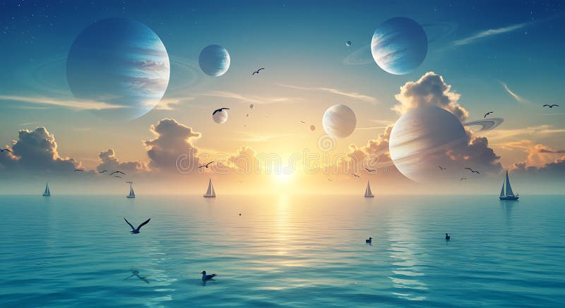 Espezioni tranquil con torsione surreale su più grandi pianeti e lune sovrastanti illustrazione di stock