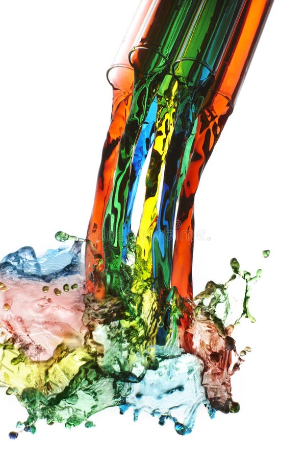 Colorful liquids pouring out of a glass and splashing onto white background. Colorful liquids pouring out of a glass and splashing onto white background