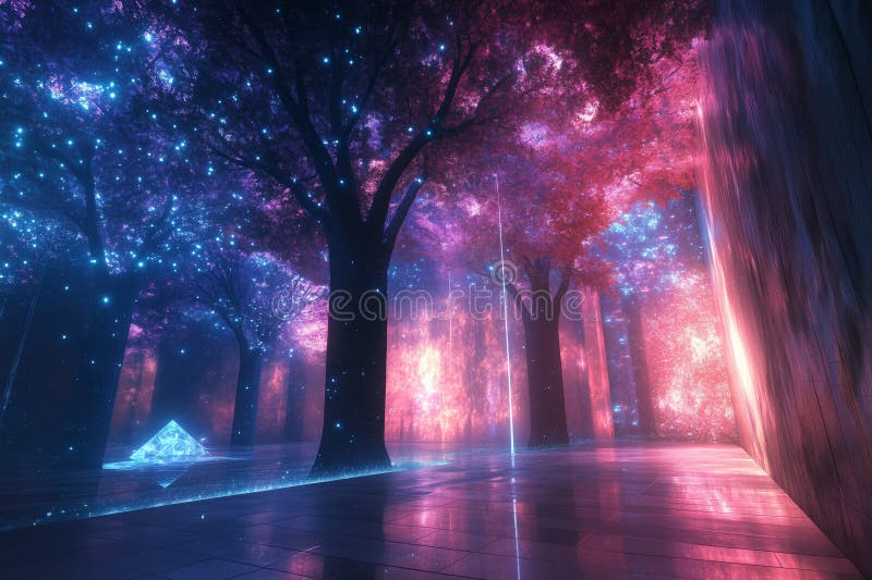Esplorare uno spazio sereno di meditazione virtuale circondato da alberi accesi fotografie stock