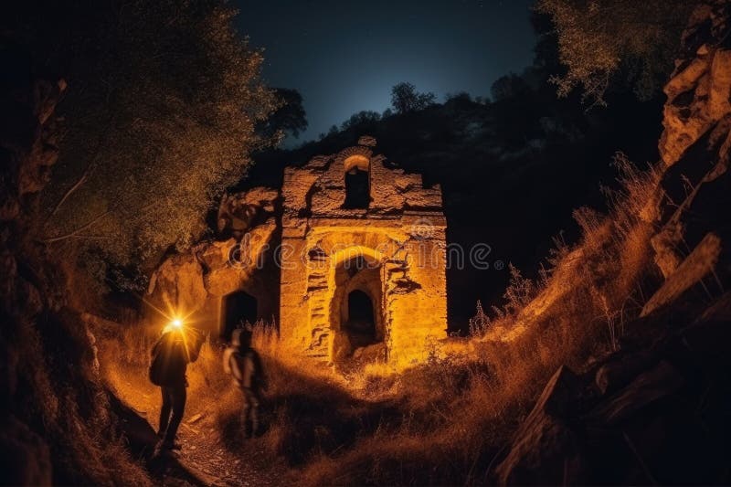 Esploratori che esplorano misteriose rovine con torcia e lanterne al buio della notte royalty illustrazione gratis