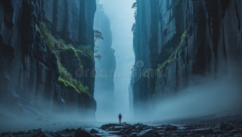 Esplorazione di canyon nebuloso con scogliere tortuose e vegetazione di pisolino illustrazione di stock