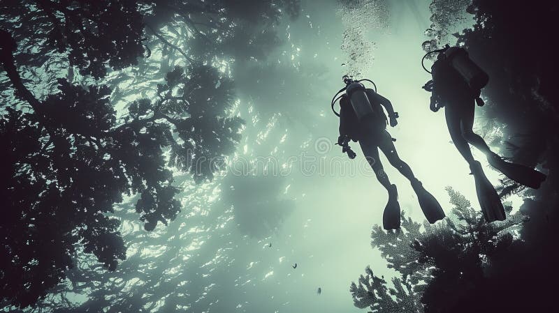 Esplorazione di misteriosi abitanti di alghe marine e barriere coralline in un'avventura fotografica subacquea illustrazione di stock
