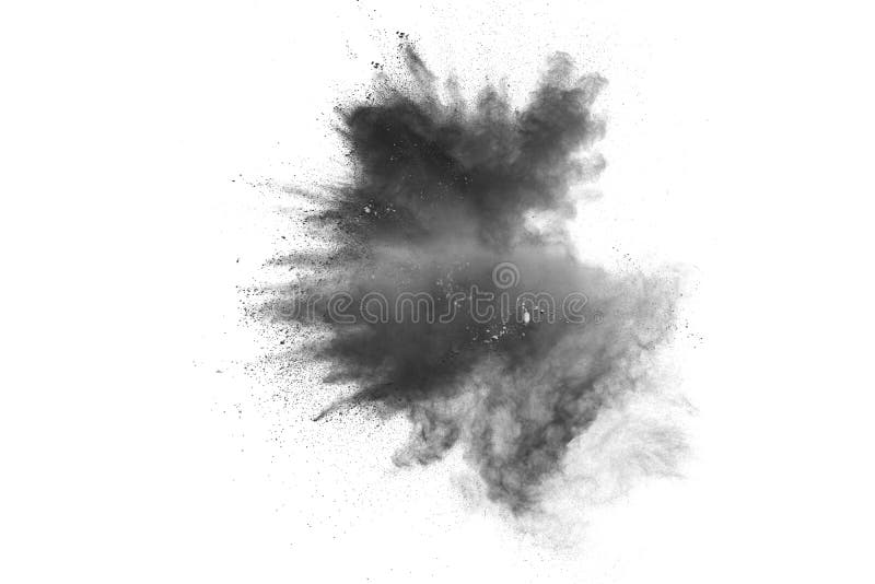 Esplosione della polvere nera Le particelle di carbone schizzano sul fondo bianco Primo piano della spruzzata nera di particelle immagine stock Esplosione della polvere nera Le particelle di carbone schizzano sul fondo bianco Primo piano della spruzzata nera di particelle immagine stock