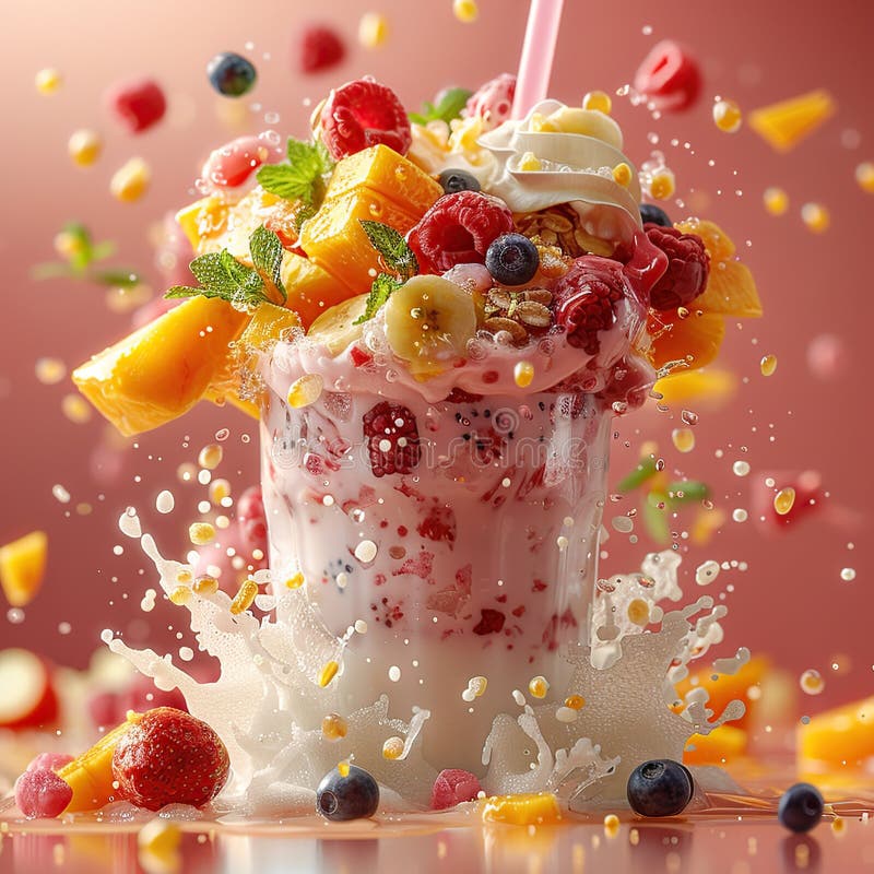 Esplosione di frullato di frutta. Un frullato di frutta rinfrescante esplode in un'esplosione di colori che presenta fragole fresche di mango, fragole, banana e crema. la miscela colorata sta scoppiando di sapore ed è sicuro di stuzzicare le papille gustative