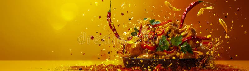 Esplosione di peperoncino in slow motion fotografia ad alta velocità di ingredienti freschi e spezie che si spruzzano su fondo dor illustrazione di stock