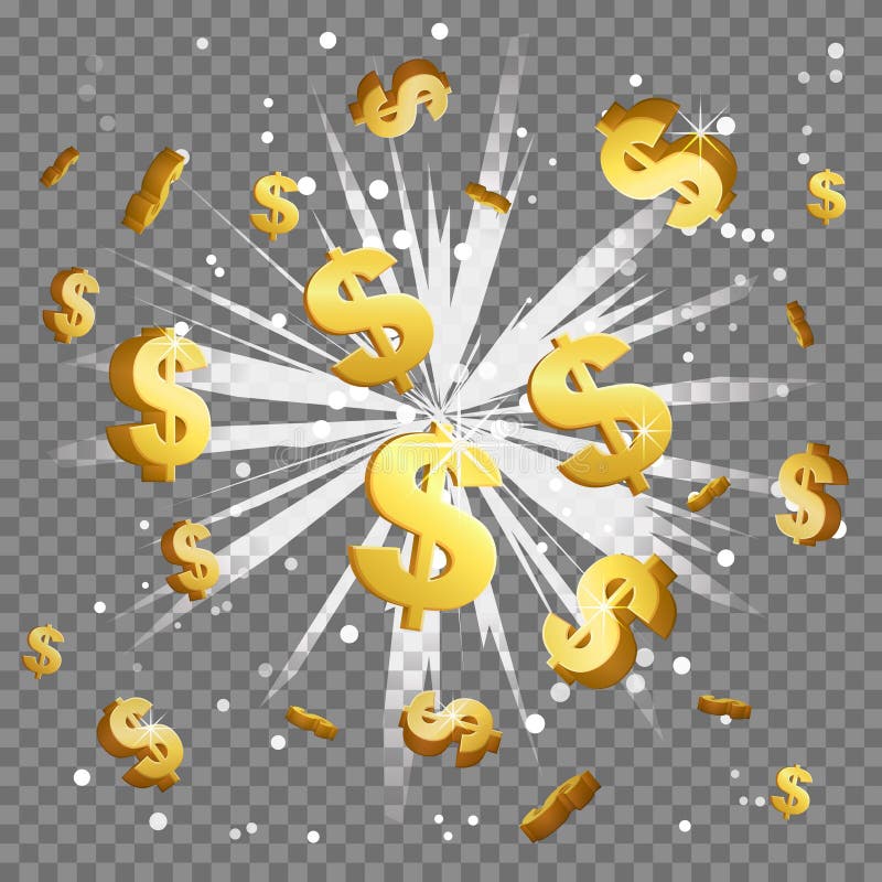 Golden dollar sign light beam lens flare explosion. Flying cash money, blindening explosion burst with sparkles. Achievement winner bonus illustration. Golden dollar sign light beam lens flare explosion. Flying cash money, blindening explosion burst with sparkles. Achievement winner bonus illustration.