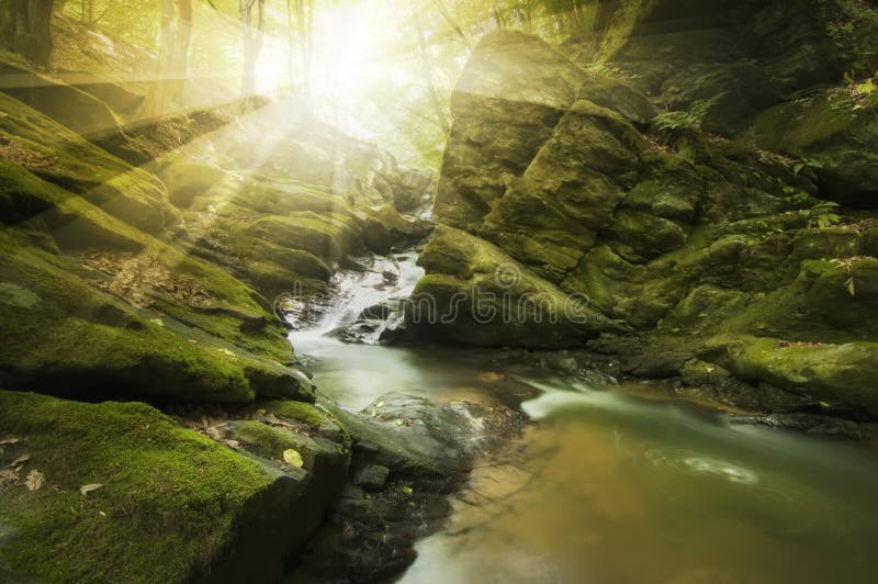 Esponga al sole splendere sopra il fiume con le rocce e le rapide immagine stock libera da diritti Esponga al sole splendere sopra il fiume con le rocce e le rapide immagine stock libera da diritti