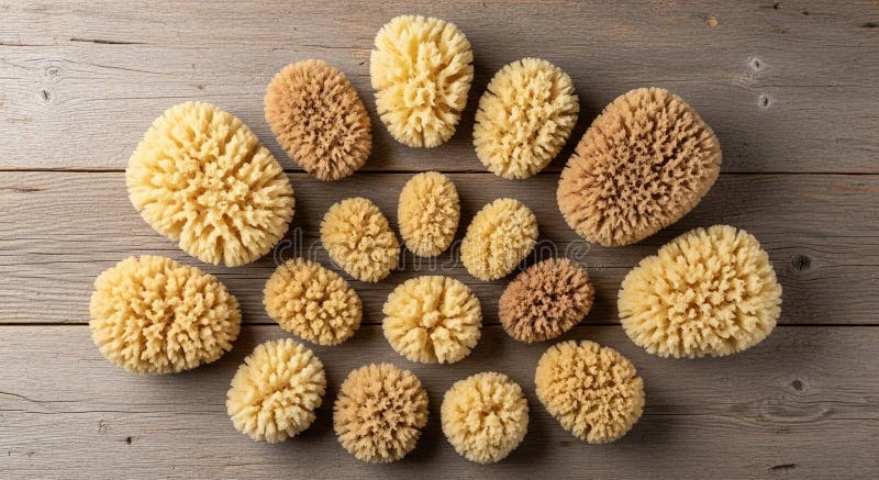 Esponjas naturais do mar sortidas dispostas em ilustração stock