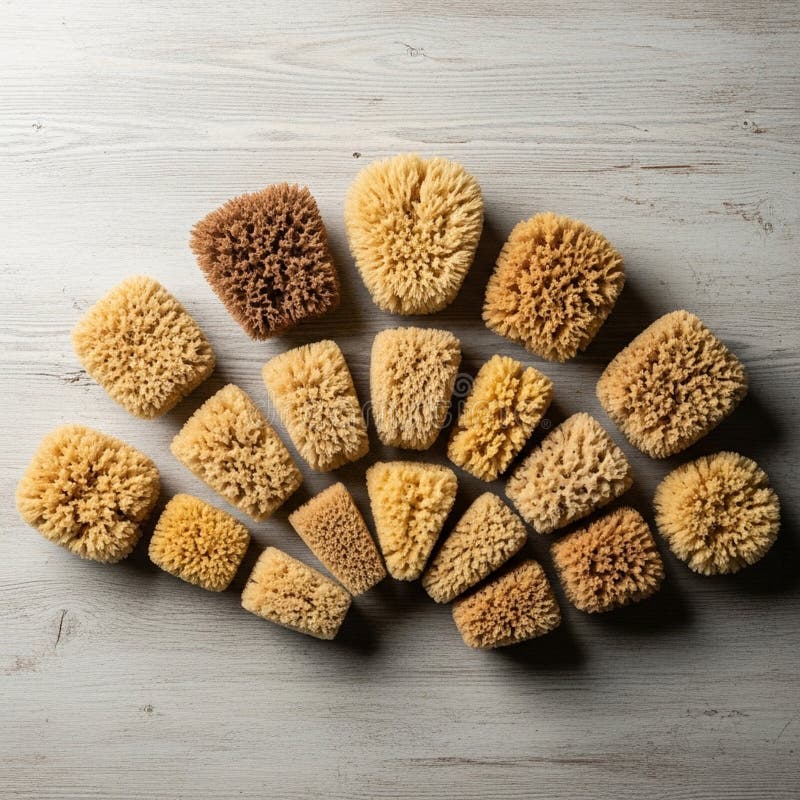 Esponjas naturais sortidas do mar dispostas em ilustração do vetor