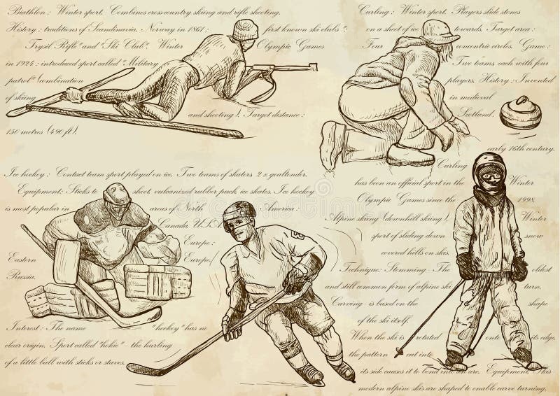 Esportes de inverno - ilustrações tiradas mão de um vetor, linha arte ilustração royalty free Esportes de inverno - ilustrações tiradas mão de um vetor, linha arte ilustração royalty free