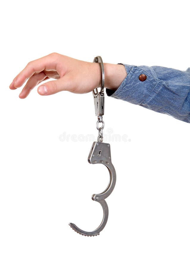 Unlocked Handcuffs hanging on a Hand Isolated on the White Background. Unlocked Handcuffs hanging on a Hand Isolated on the White Background