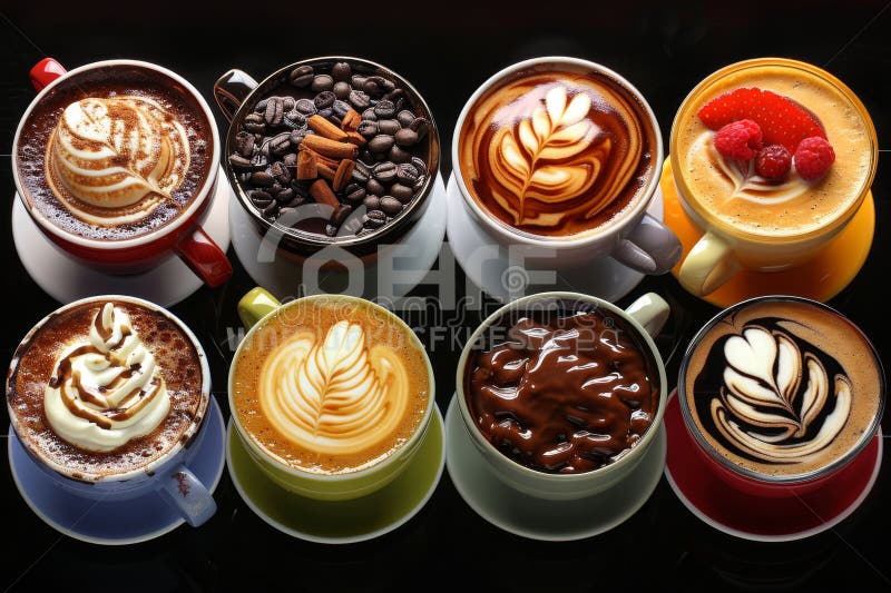 Esposizione artistica di diverse tazze da caffè che evidenziano sapori ricchi dal menu caffè illustrazione di stock