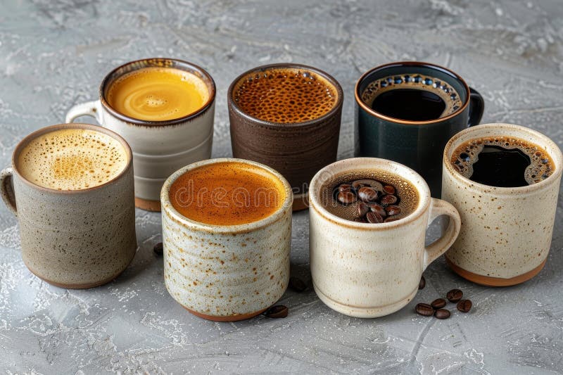 Esposizione artistica di diverse tazze da caffè che evidenziano sapori unici dal menu caffè illustrazione vettoriale