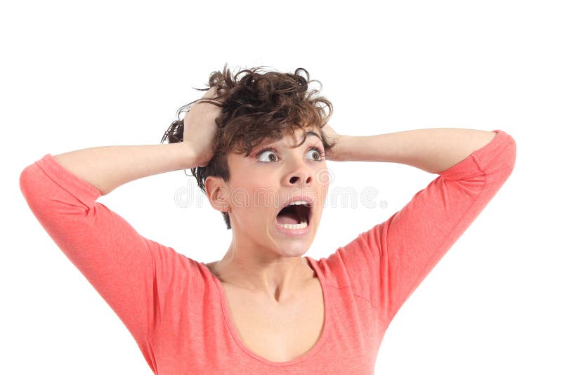 Espressione Hysterical della donna con le sue mani sulla testa immagini stock libere da diritti Espressione Hysterical della donna con le sue mani sulla testa immagini stock libere da diritti