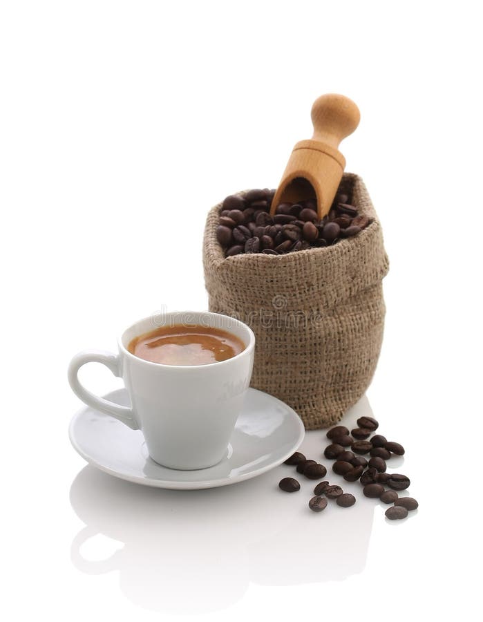 Espresso and a Bag of Coffee Beans with a Scoop Stock Photo Image of