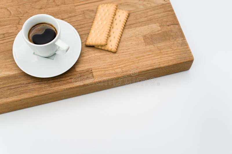 Espresso Coffee and Biscuits on a Wooden Chopping Board with Text Space ...