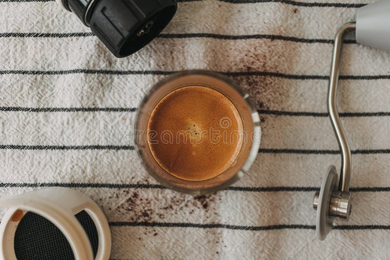 Espresso Coffee Crema with Coffee Maker Equipments. Stock Image Image of table, morning 248940059