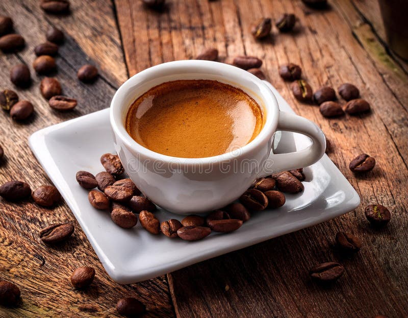 Espresso Coffee Cup With Beans On Vintage Table vector illustration