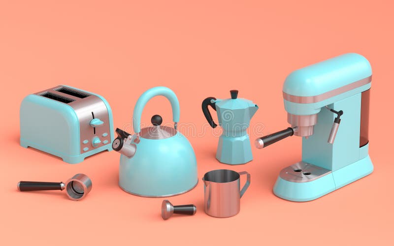 Espresso coffee machine hand mixer kettle and toaster on orange background for preparing breakfast d render of pot making latte ilustração stock