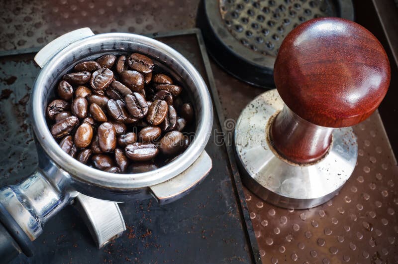 Espresso Filter Filled with Coffee Beans and Tamper Stock Image Image