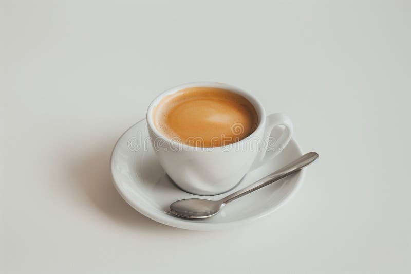 A serene shot presenting a freshly brewed espresso in a simple white cup with saucer and spoon on a clean background AI generated. A serene shot presenting a freshly brewed espresso in a simple white cup with saucer and spoon on a clean background AI generated