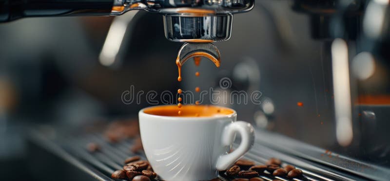 Espresso fresco versato in una tazza di vetro sulla macchina da caffè fotografia stock