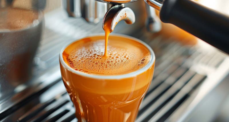Espresso fresco versato in una tazza di vetro sulla macchina da caffè fotografia stock