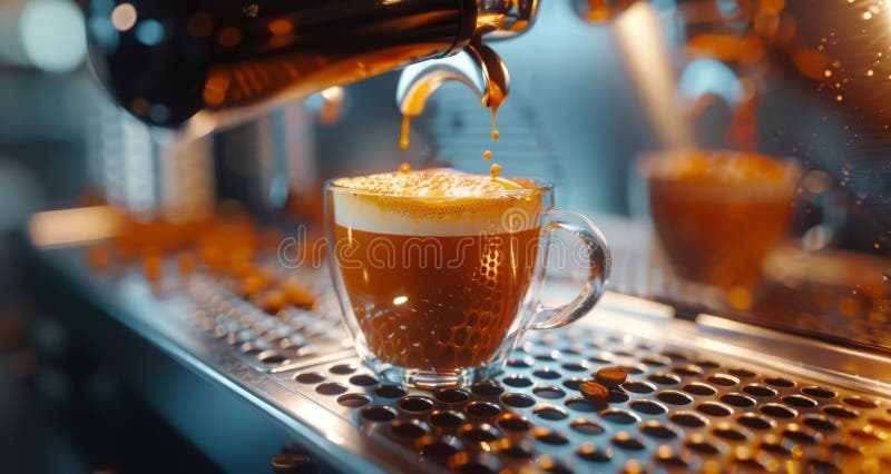 Espresso fresco versato in una tazza di vetro sulla macchina da caffè immagini stock libere da diritti