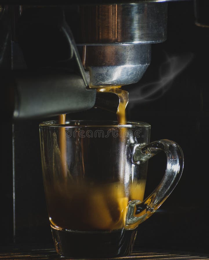 Espresso Glass Cup in Machine, Hot Coffee Brewing Stock Image Image