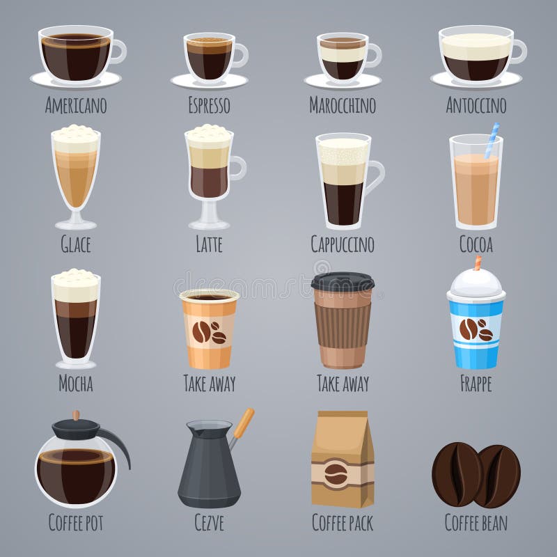 Espresso, latte, cappuccino in glasses and mugs. Coffee types for coffee house menu. Flat vector icons set drink beverage, morning caffeine aroma illustration. Espresso, latte, cappuccino in glasses and mugs. Coffee types for coffee house menu. Flat vector icons set drink beverage, morning caffeine aroma illustration