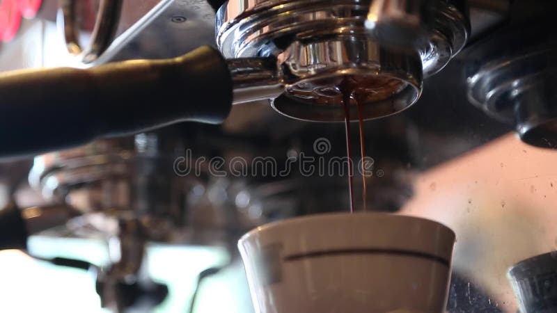 Pouring coffee stream from professional machine in cup. Barista