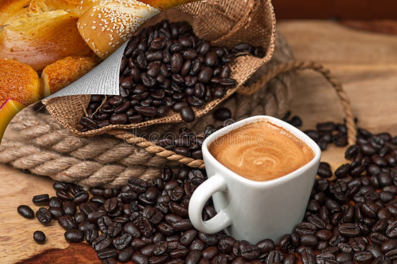 Espresso, Coffee Beans with page curl revealing bread. Espresso, Coffee Beans with page curl revealing bread